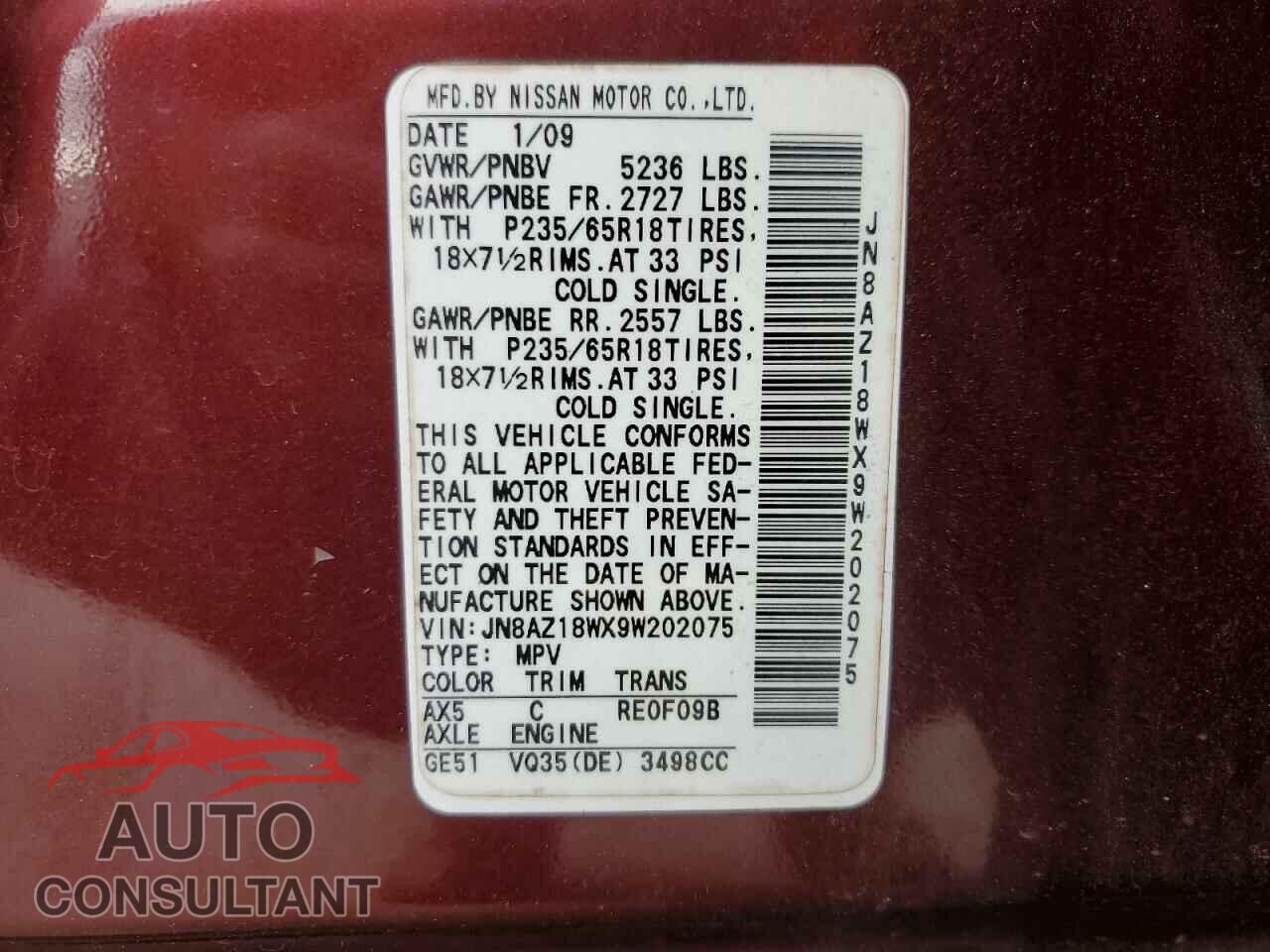 NISSAN MURANO 2009 - JN8AZ18WX9W202075
