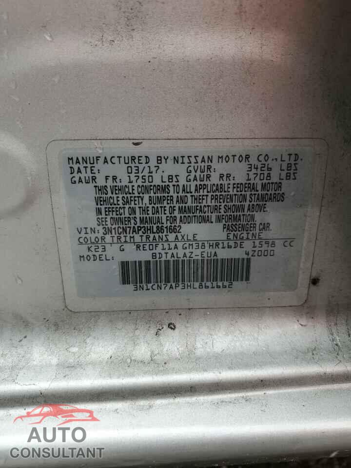 NISSAN VERSA 2017 - 3N1CN7AP3HL861662