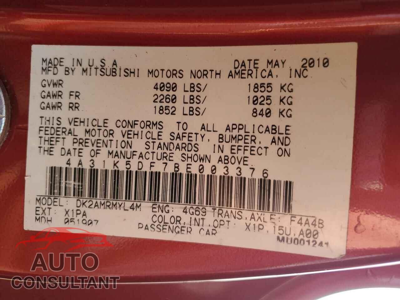 MITSUBISHI ECLIPSE 2011 - 4A31K5DF7BE003376
