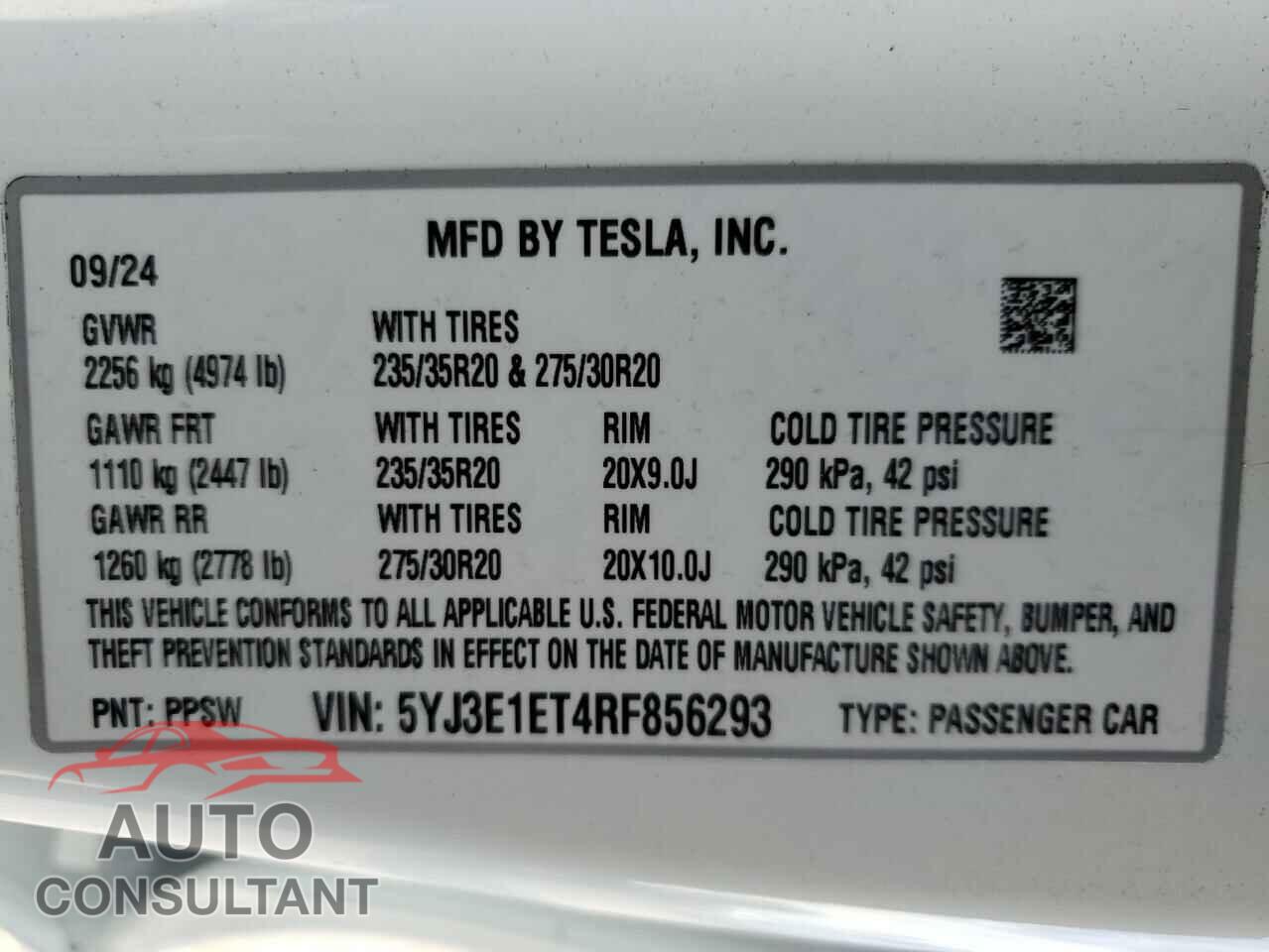 TESLA MODEL 3 2024 - 5YJ3E1ET4RF856293