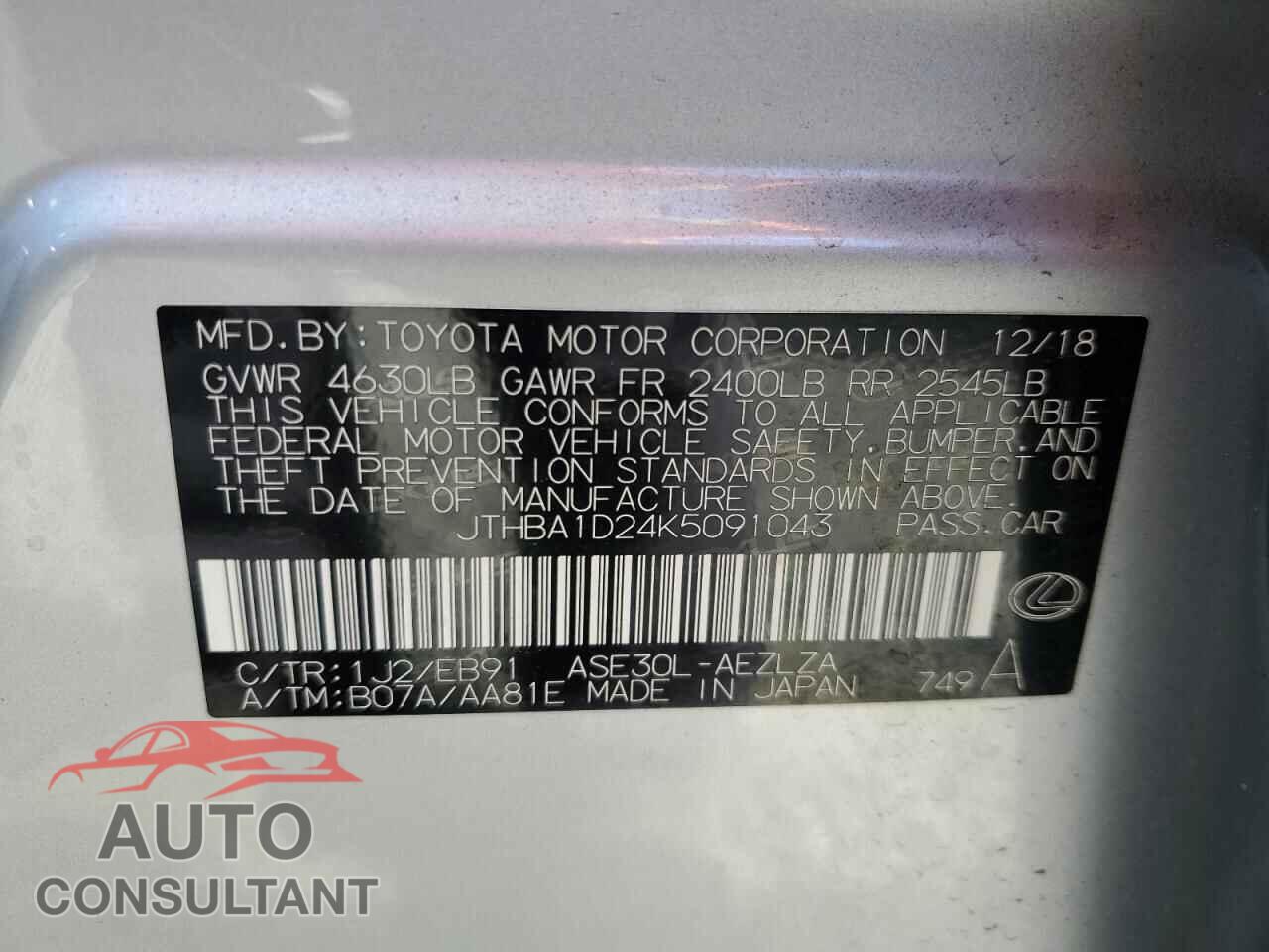 LEXUS IS 2019 - JTHBA1D24K5091043