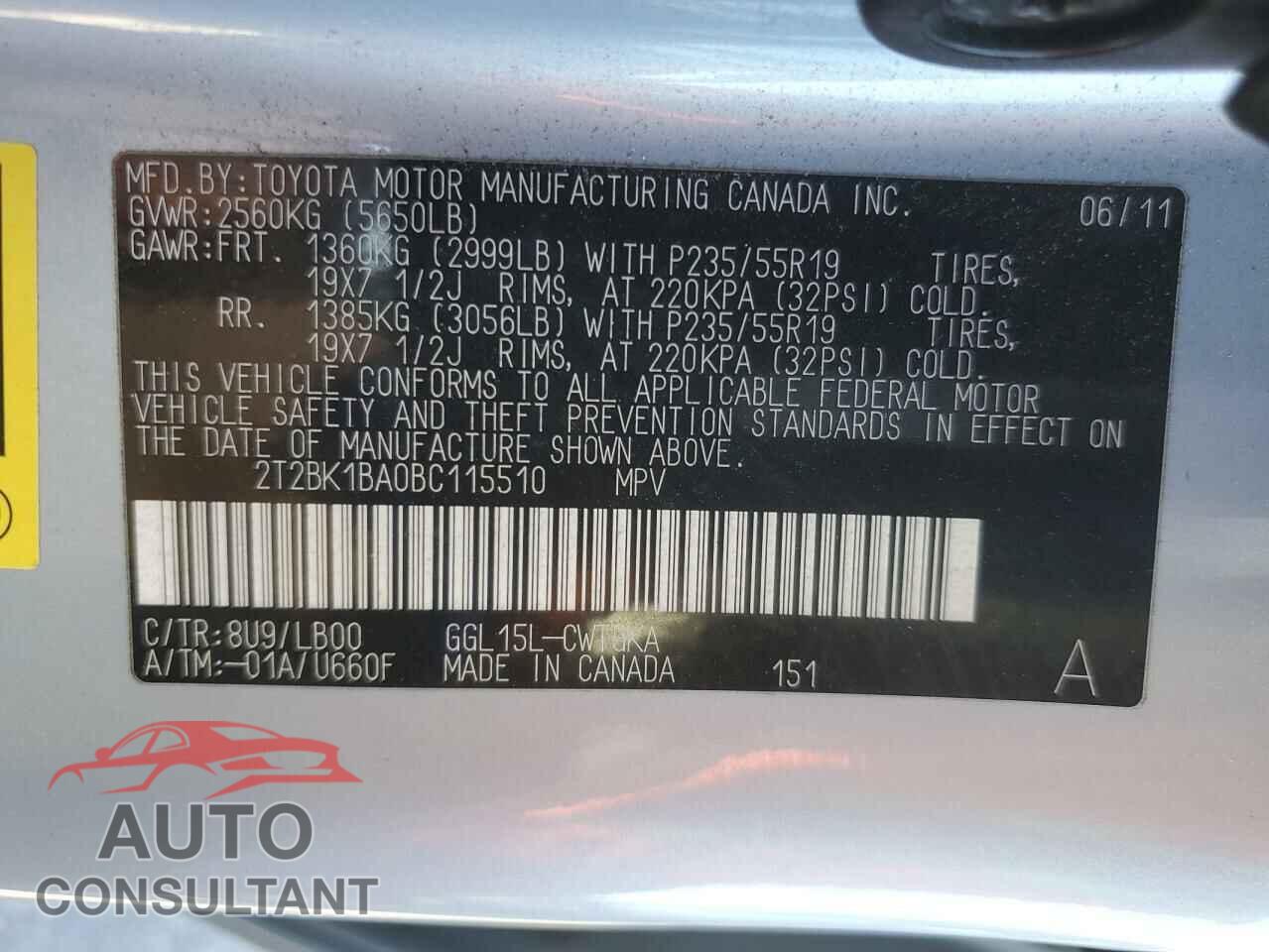 LEXUS RX350 2011 - 2T2BK1BA0BC115510