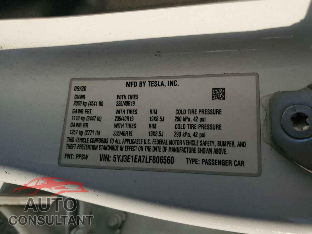 TESLA MODEL 3 2020 - 5YJ3E1EA7LF806560
