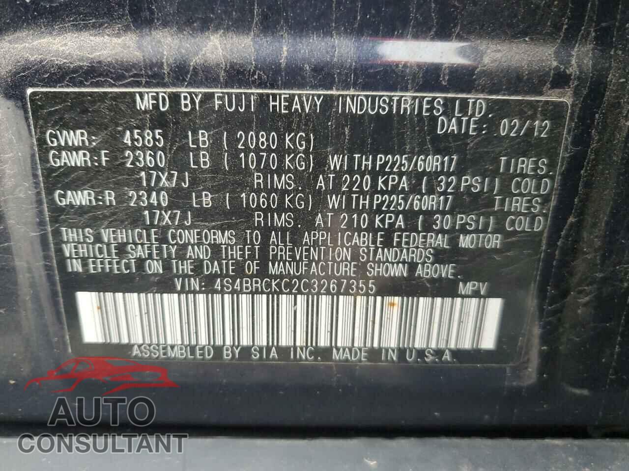 SUBARU OUTBACK 2012 - 4S4BRCKC2C3267355