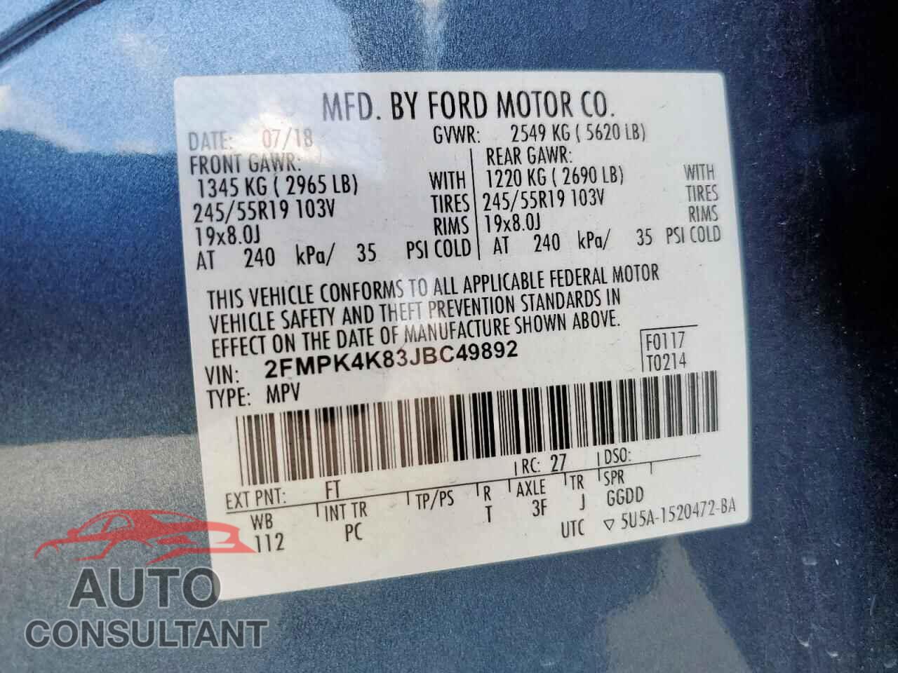 FORD EDGE 2018 - 2FMPK4K83JBC49892