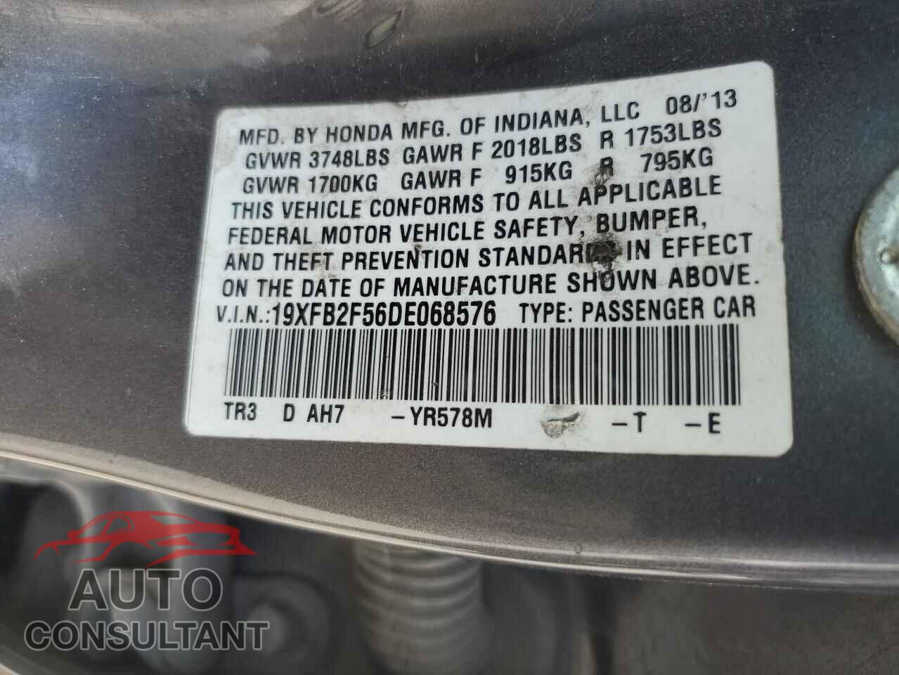 HONDA CIVIC 2013 - 19XFB2F56DE068576