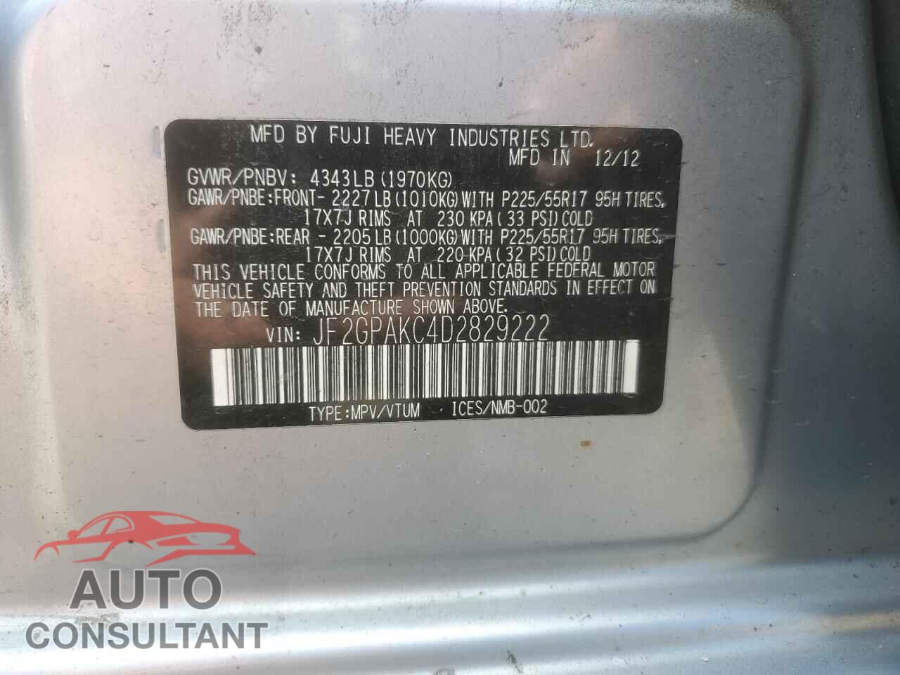 SUBARU XV 2013 - JF2GPAKC4D2829222