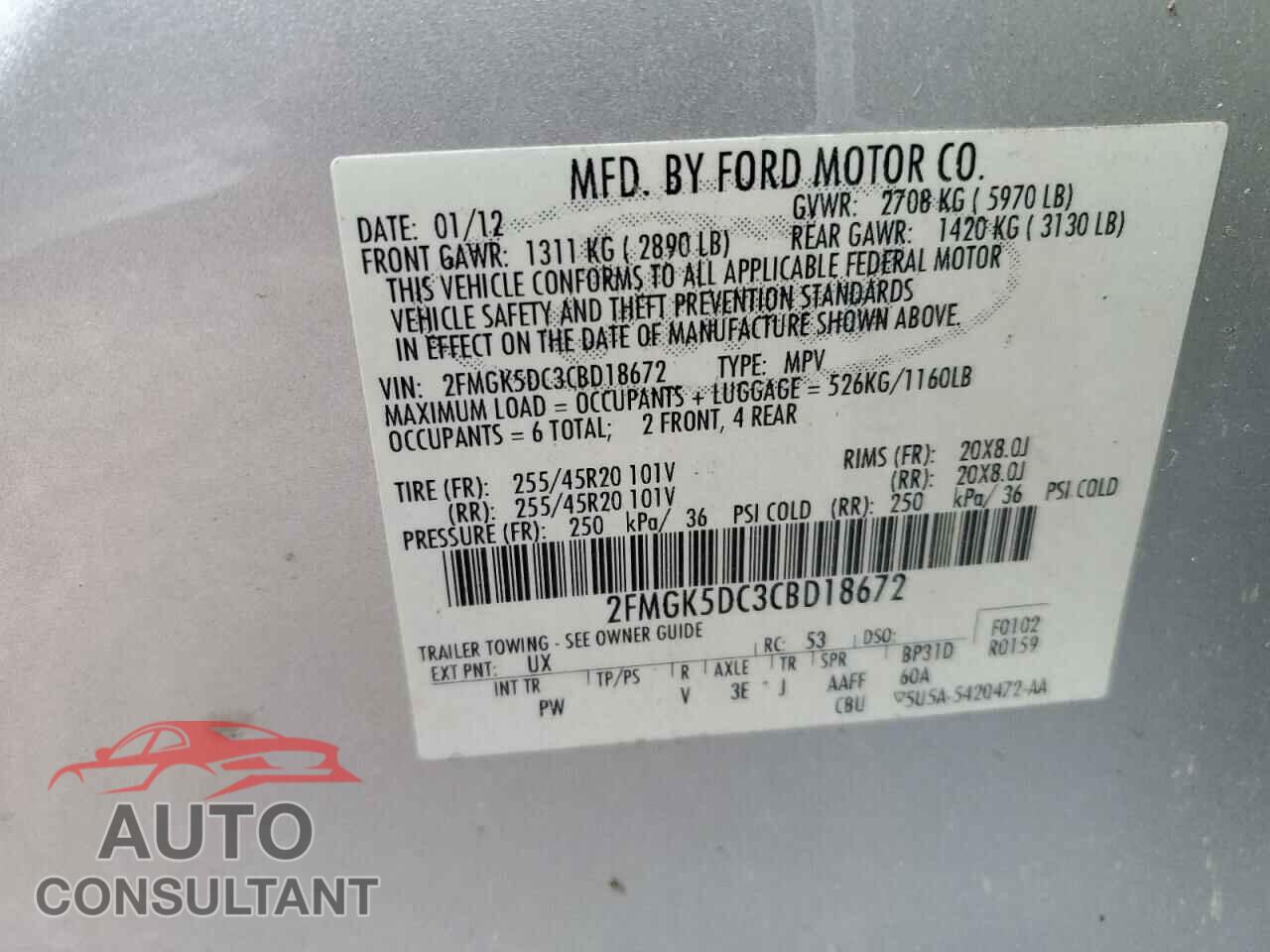FORD FLEX 2012 - 2FMGK5DC3CBD18672