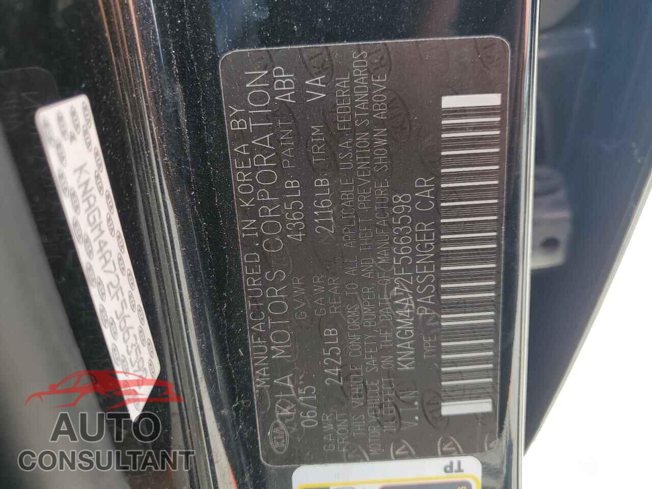 KIA OPTIMA 2015 - KNAGM4A72F5663598
