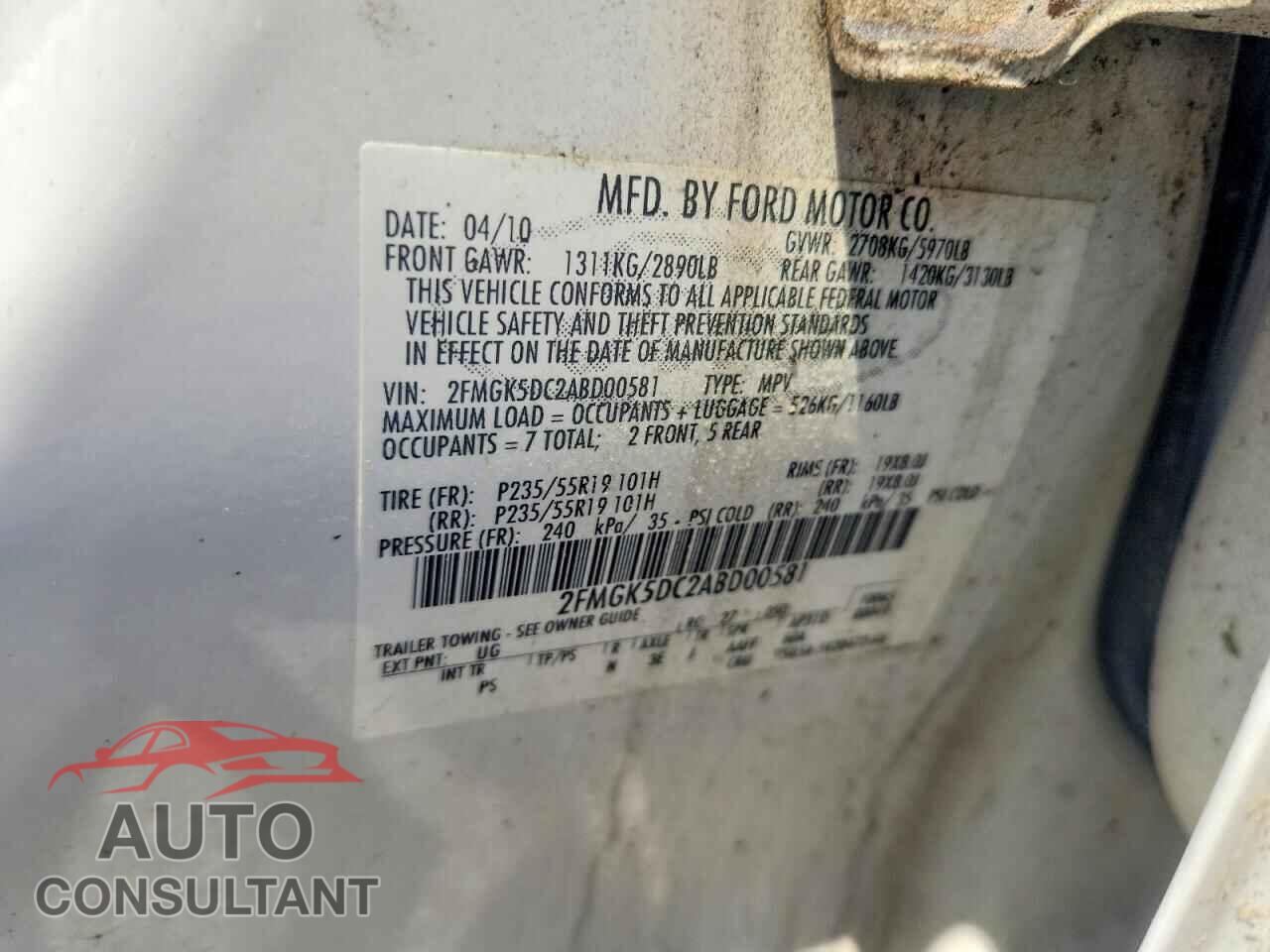 FORD FLEX 2010 - 2FMGK5DC2ABD00581