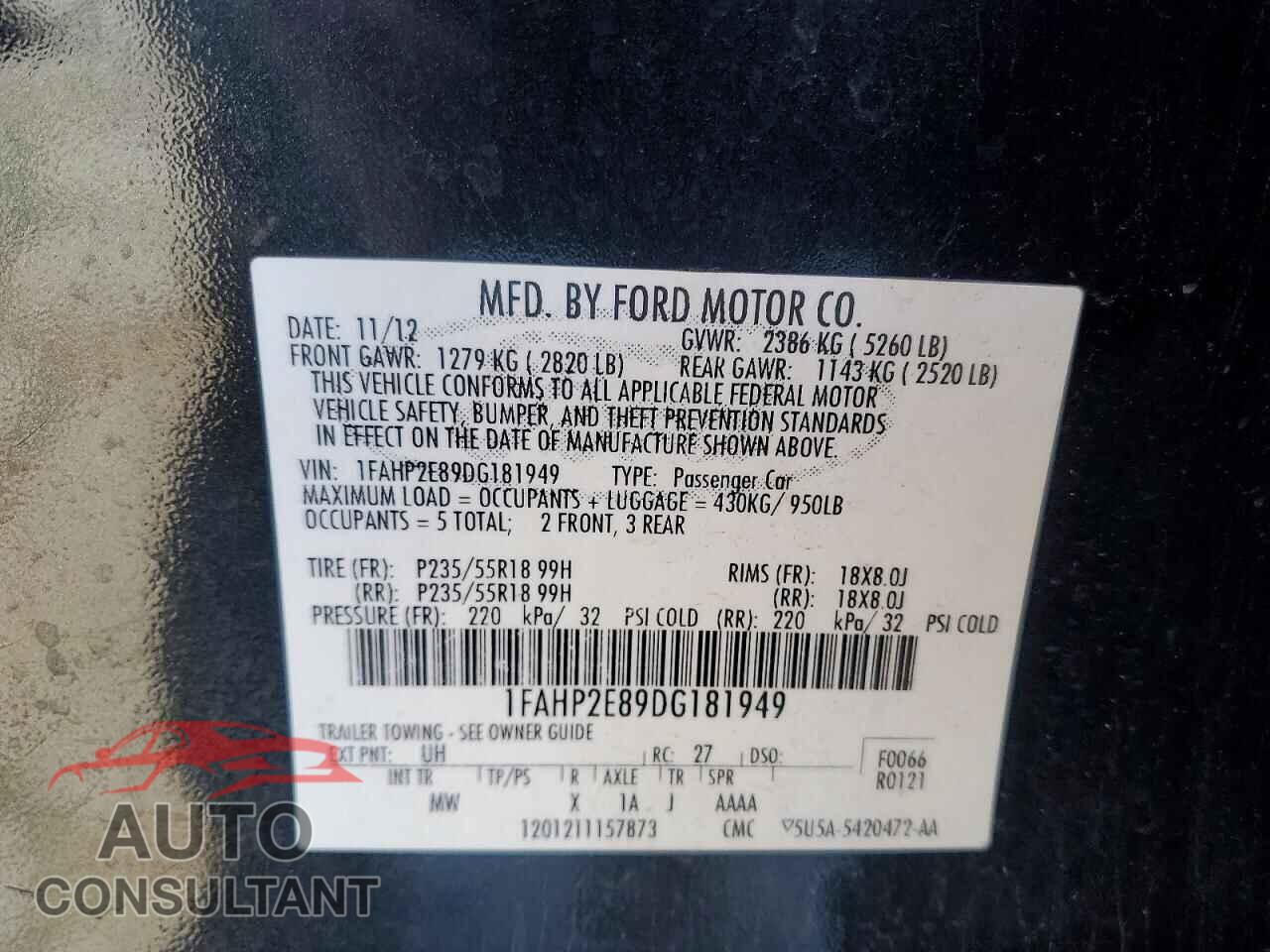 FORD TAURUS 2013 - 1FAHP2E89DG181949
