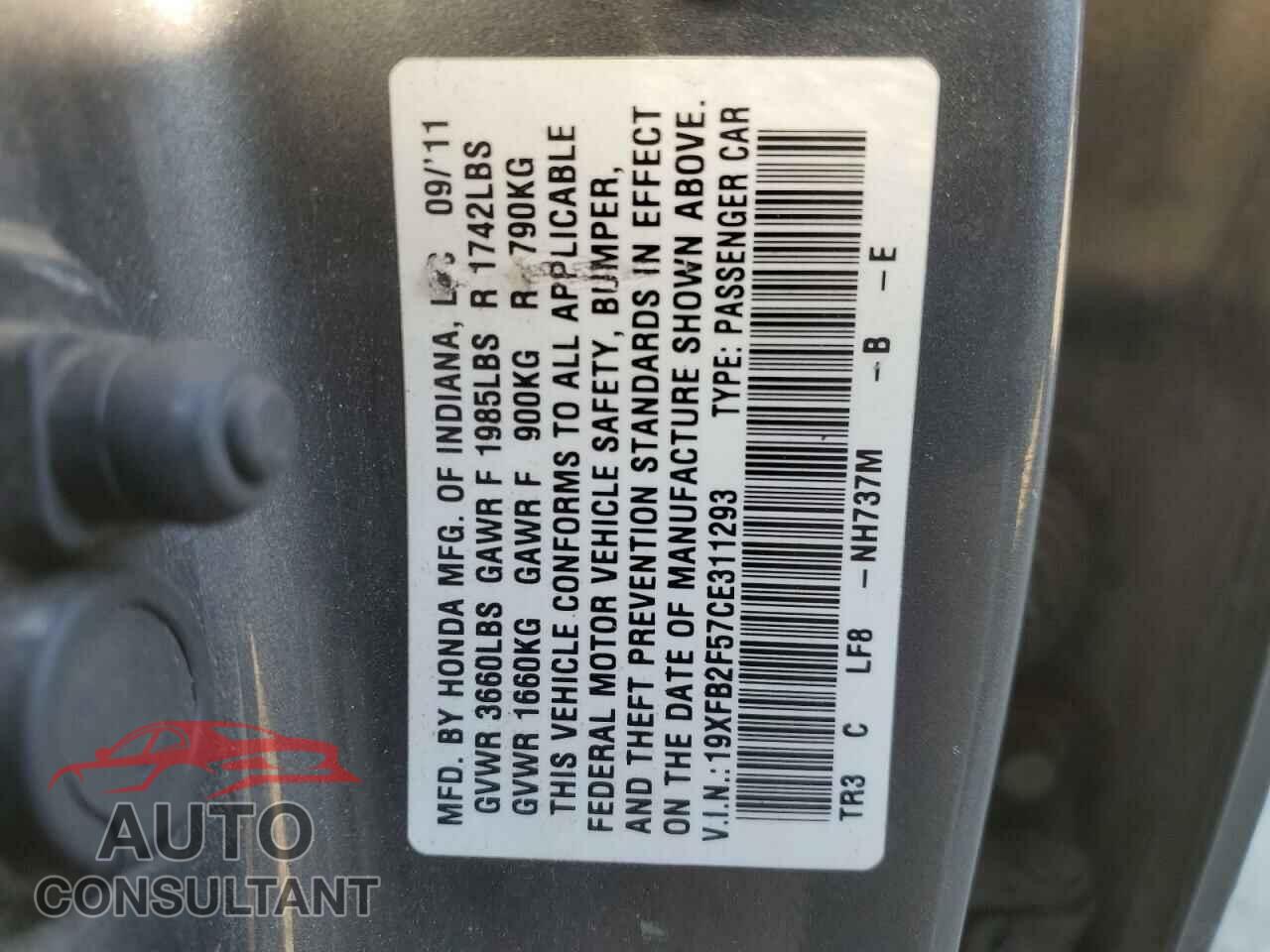 HONDA CIVIC 2012 - 19XFB2F57CE311293