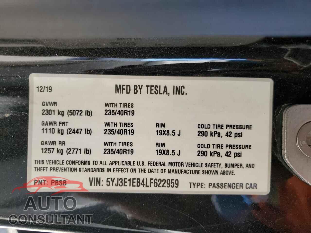 TESLA MODEL 3 2020 - 5YJ3E1EB4LF622959