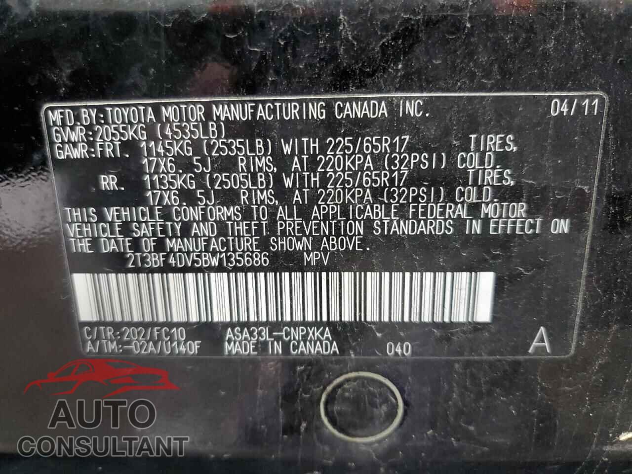 TOYOTA RAV4 2011 - 2T3BF4DV5BW135686