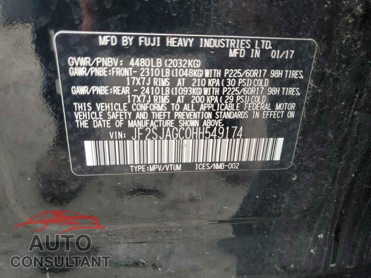 SUBARU FORESTER 2017 - JF2SJAGC0HH549174
