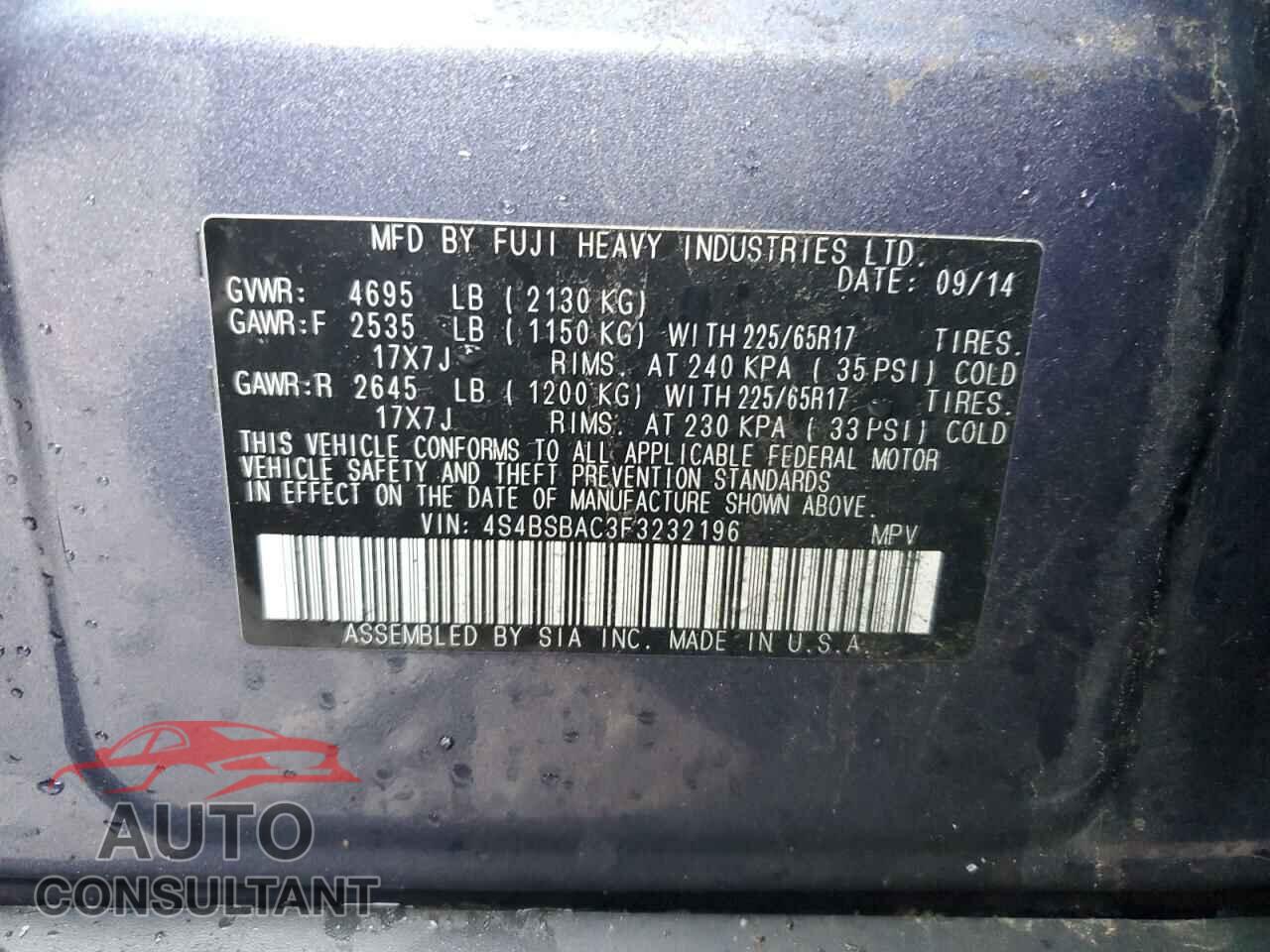SUBARU OUTBACK 2015 - 4S4BSBAC3F3232196