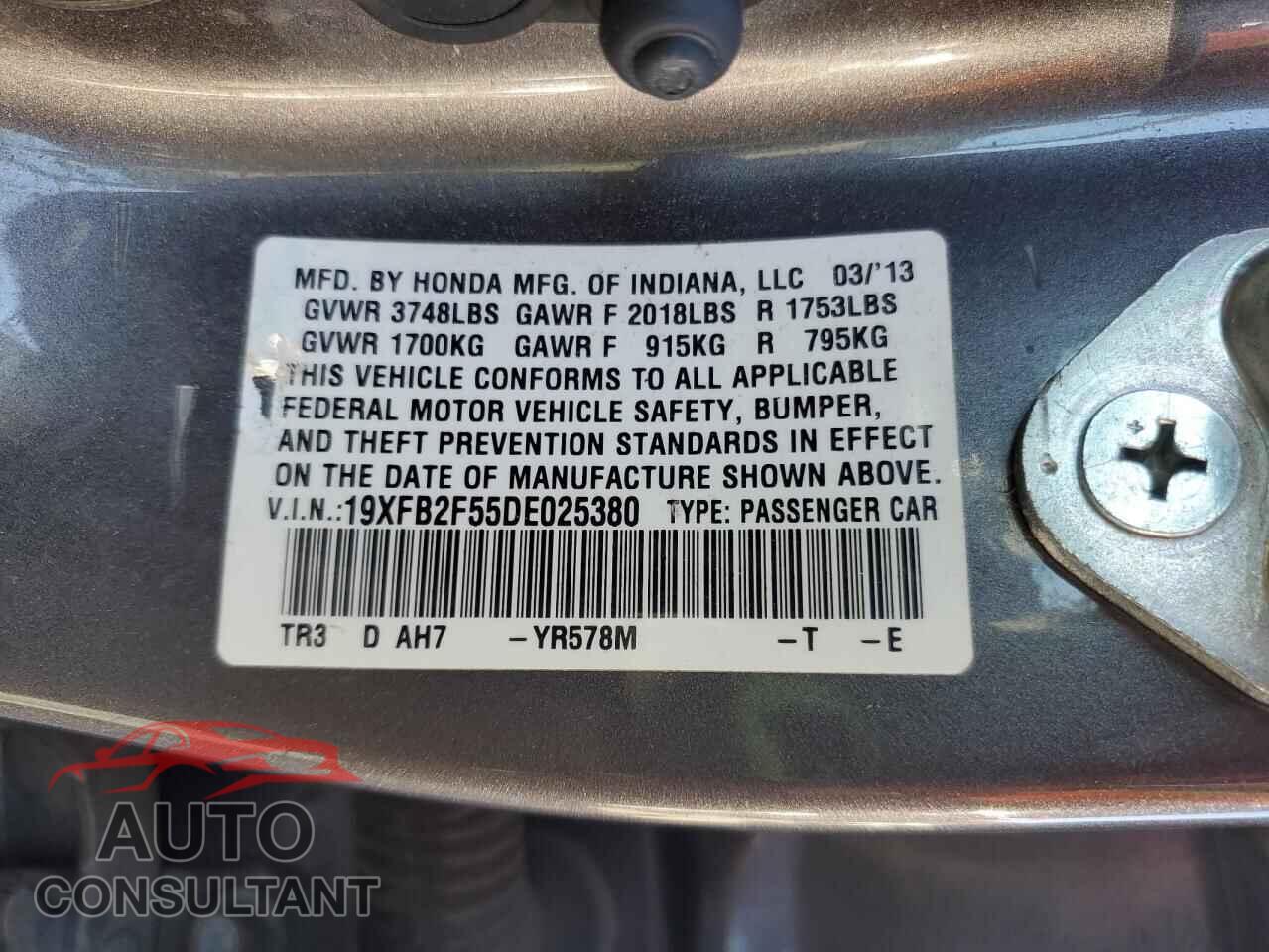 HONDA CIVIC 2013 - 19XFB2F55DE025380