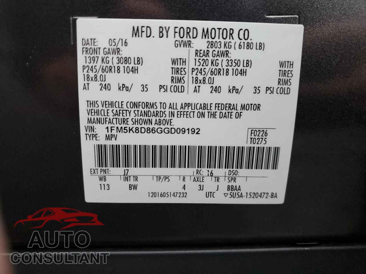 FORD EXPLORER 2016 - 1FM5K8D86GGD09192