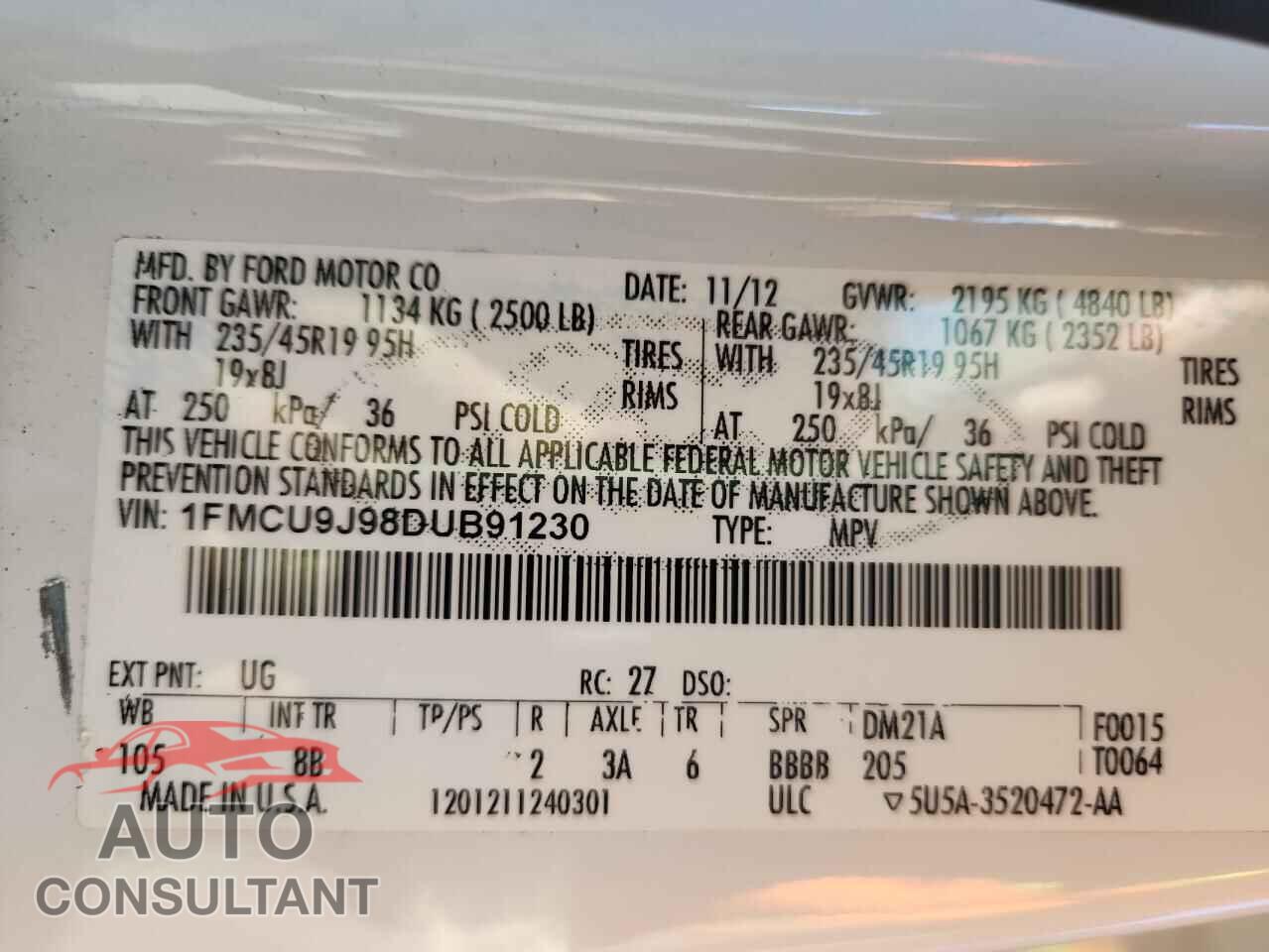 FORD ESCAPE 2013 - 1FMCU9J98DUB91230