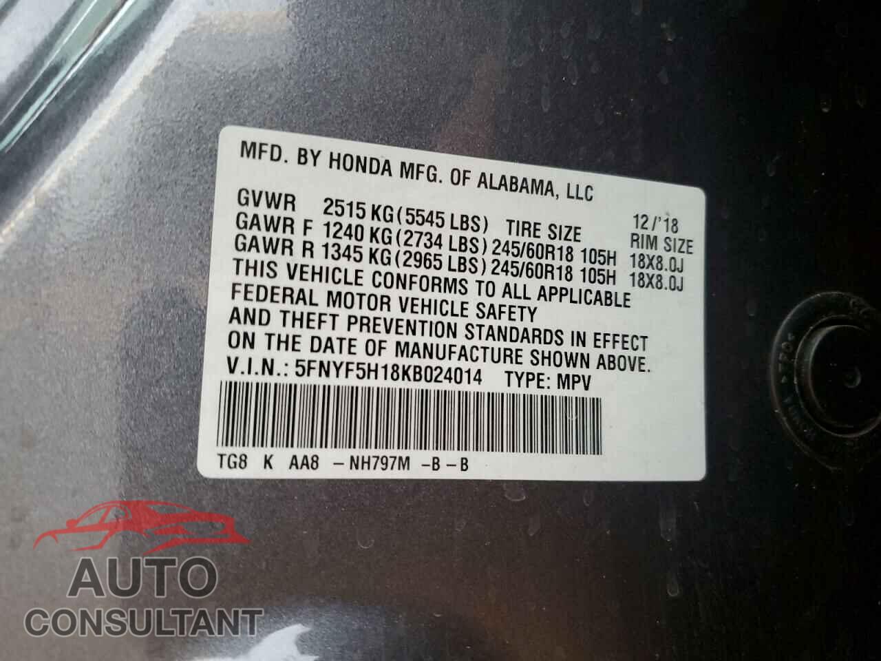 HONDA PILOT 2019 - 5FNYF5H18KB024014