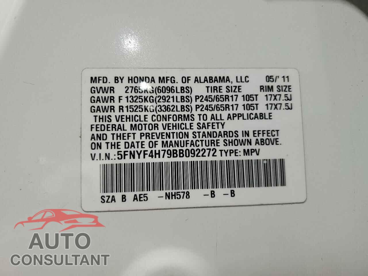 HONDA PILOT 2011 - 5FNYF4H79BB092272