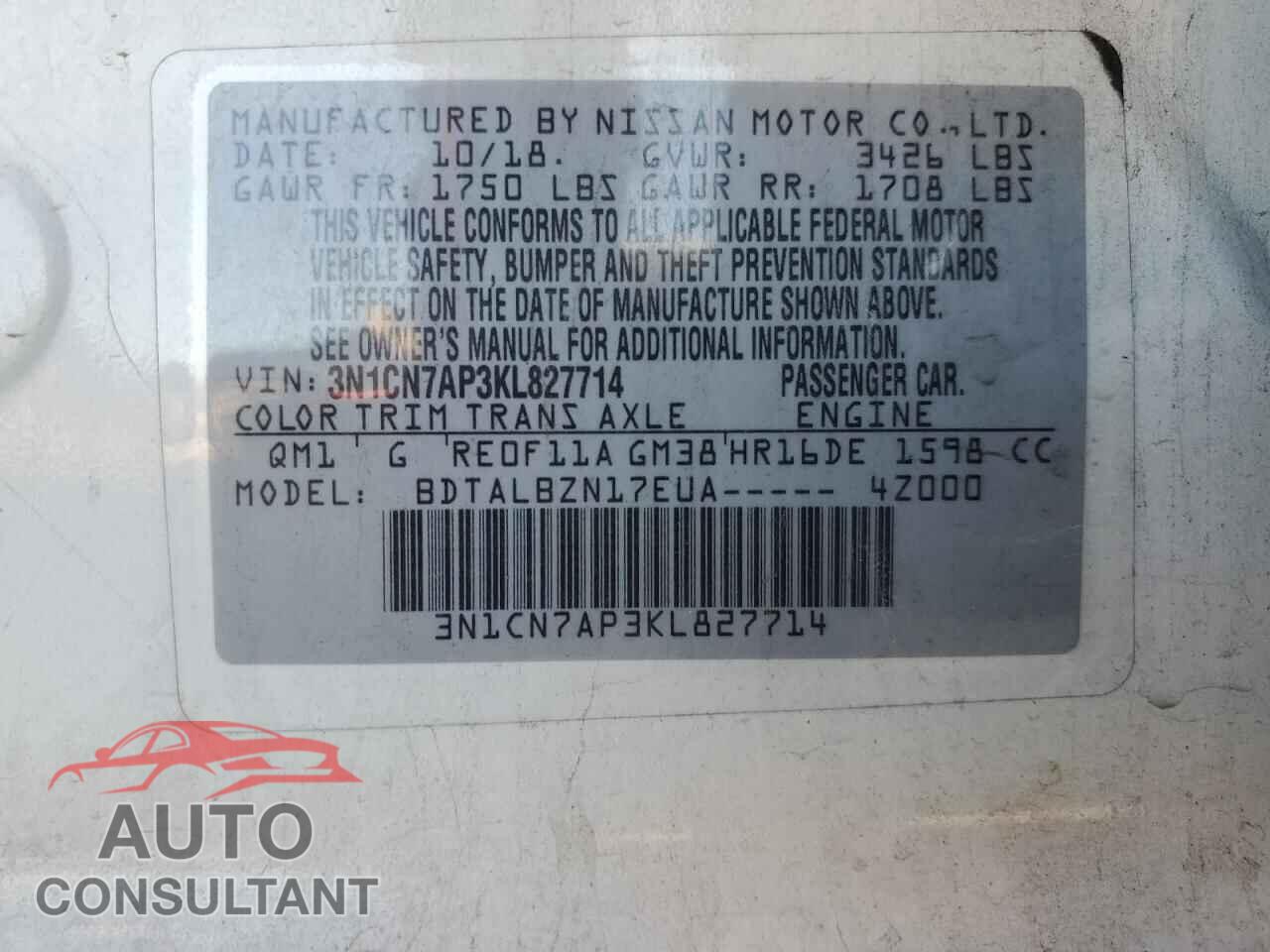 NISSAN VERSA 2019 - 3N1CN7AP3KL827714