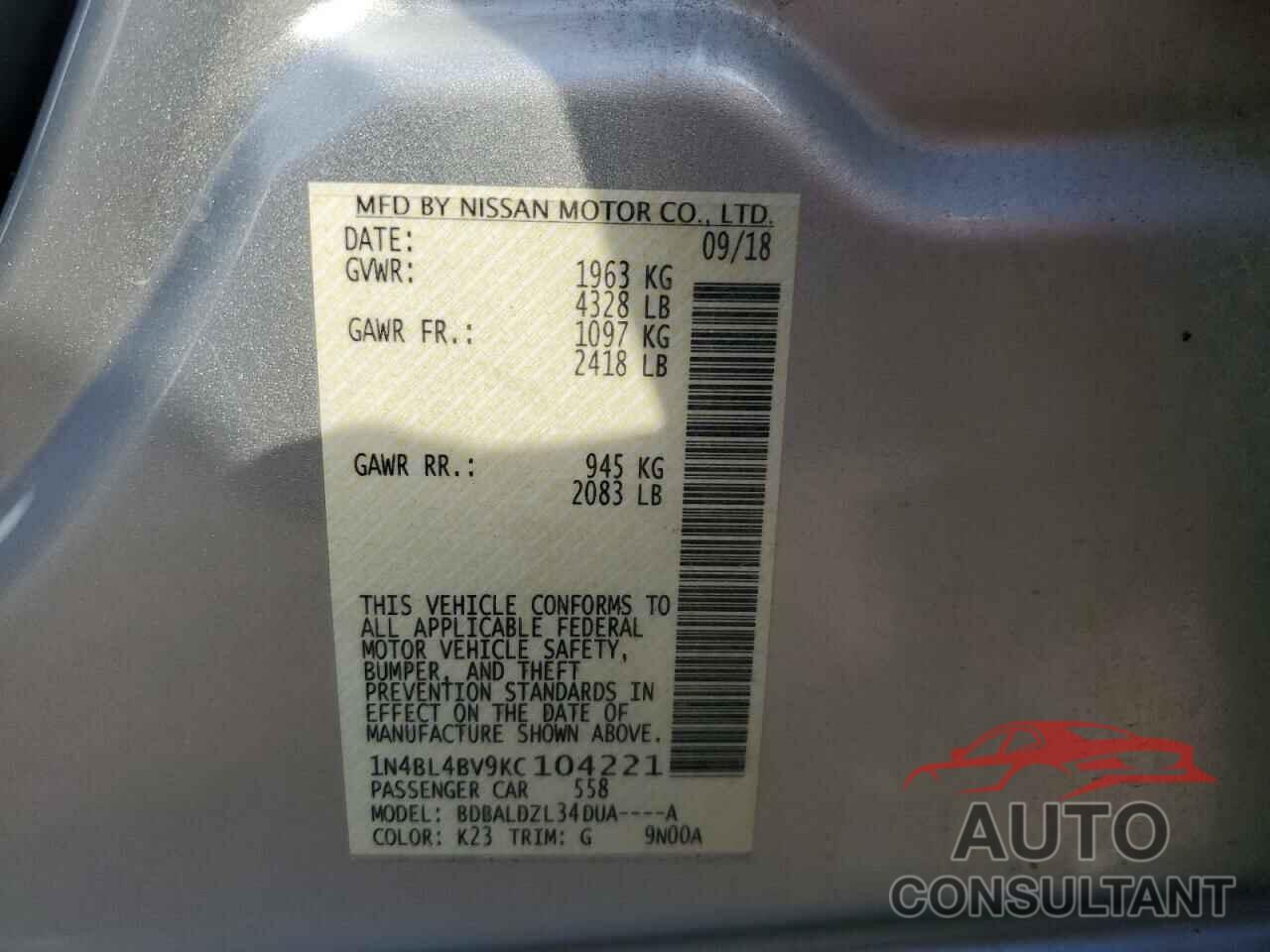 NISSAN ALTIMA 2019 - 1N4BL4BV9KC104221