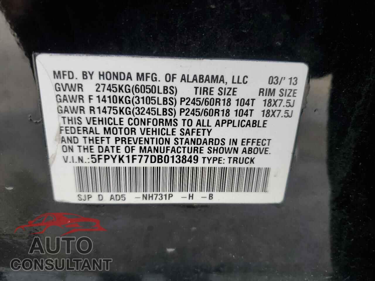 HONDA RIDGELINE 2013 - 5FPYK1F77DB013849