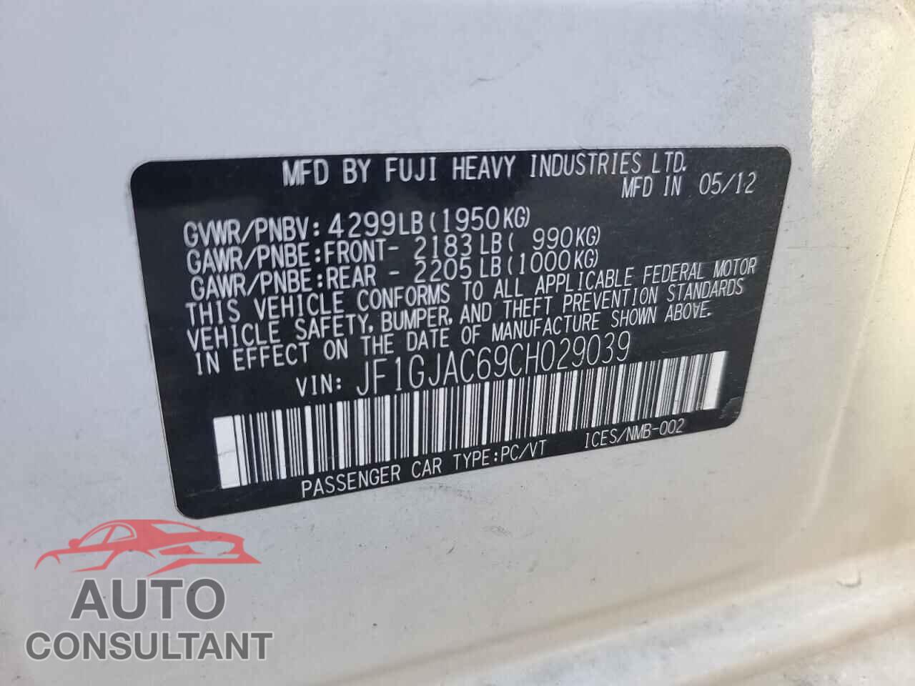 SUBARU IMPREZA 2012 - JF1GJAC69CH029039
