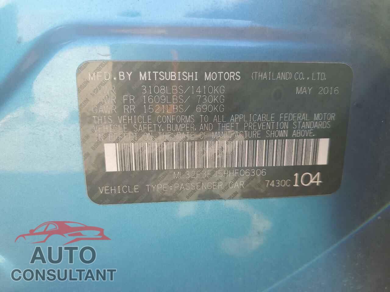 MITSUBISHI MIRAGE 2017 - ML32F3FJ5HHF06306