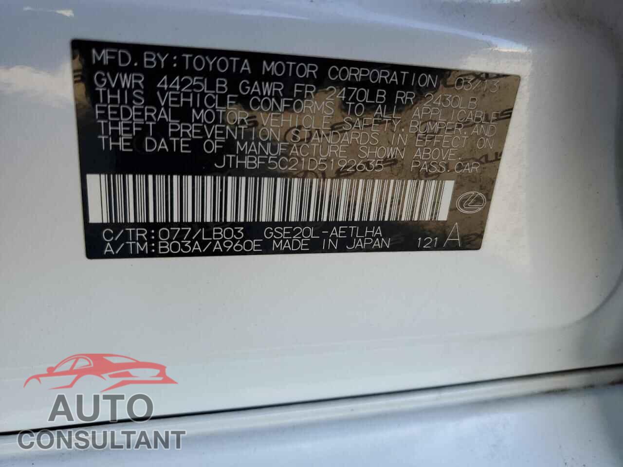 LEXUS IS 2013 - JTHBF5C21D5192635