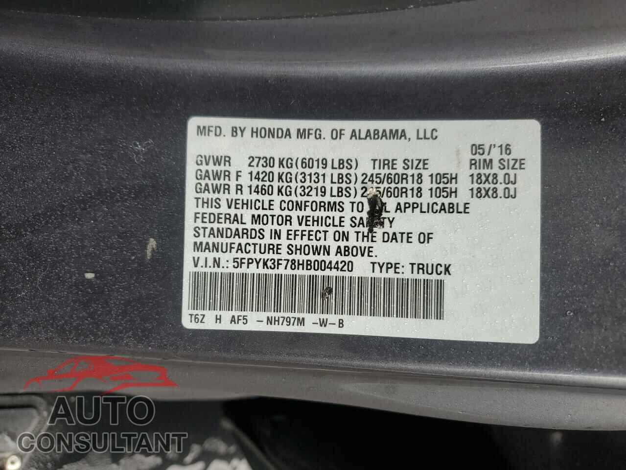 HONDA RIDGELINE 2017 - 5FPYK3F78HB004420