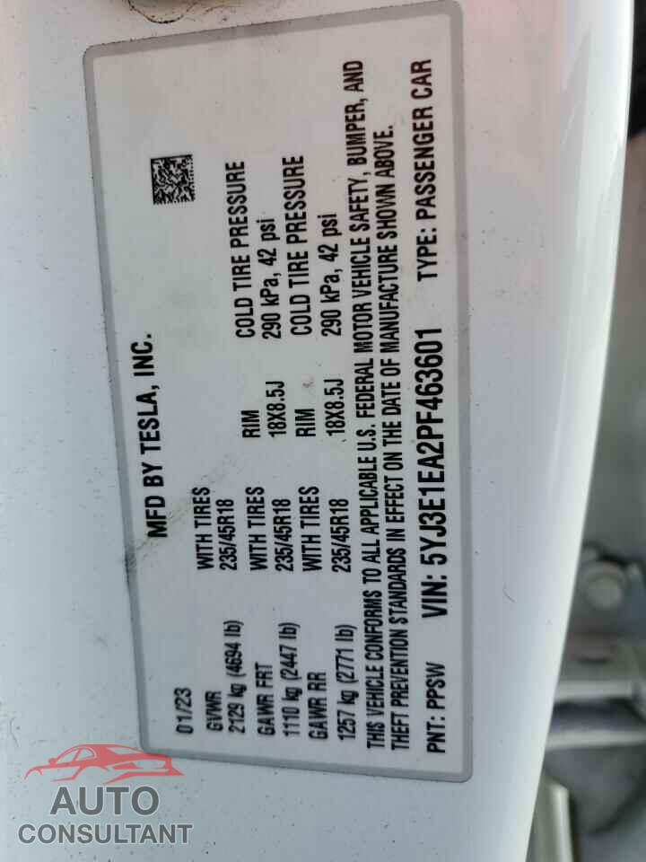 TESLA MODEL 3 2023 - 5YJ3E1EA2PF463601