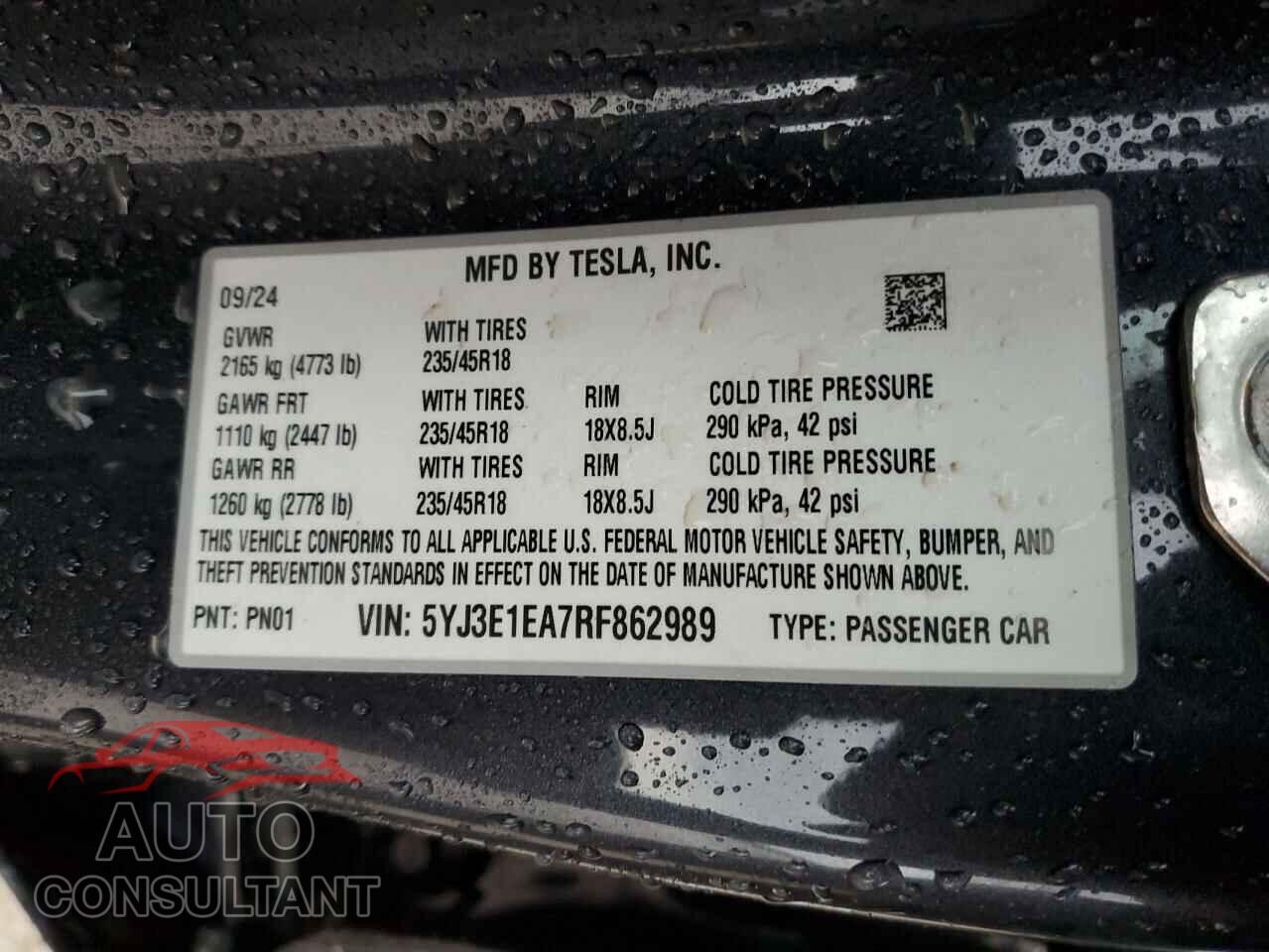 TESLA MODEL 3 2024 - 5YJ3E1EA7RF862989