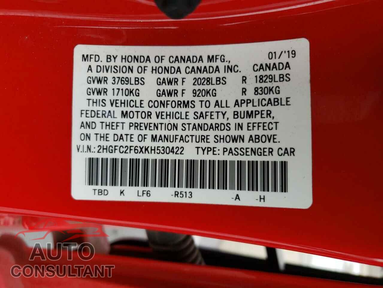 HONDA CIVIC 2019 - 2HGFC2F6XKH530422