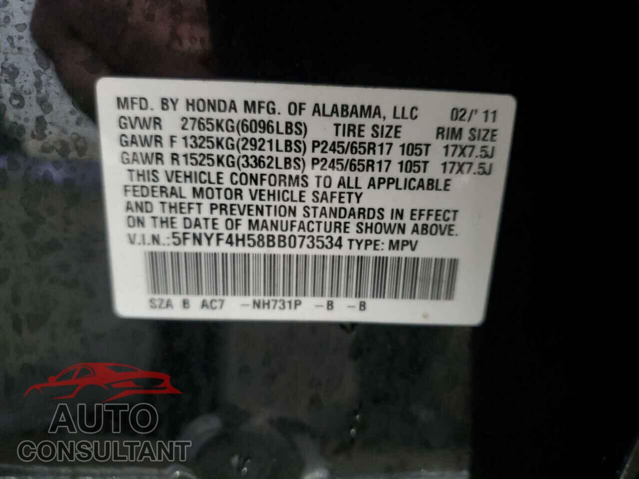 HONDA PILOT 2011 - 5FNYF4H58BB073534
