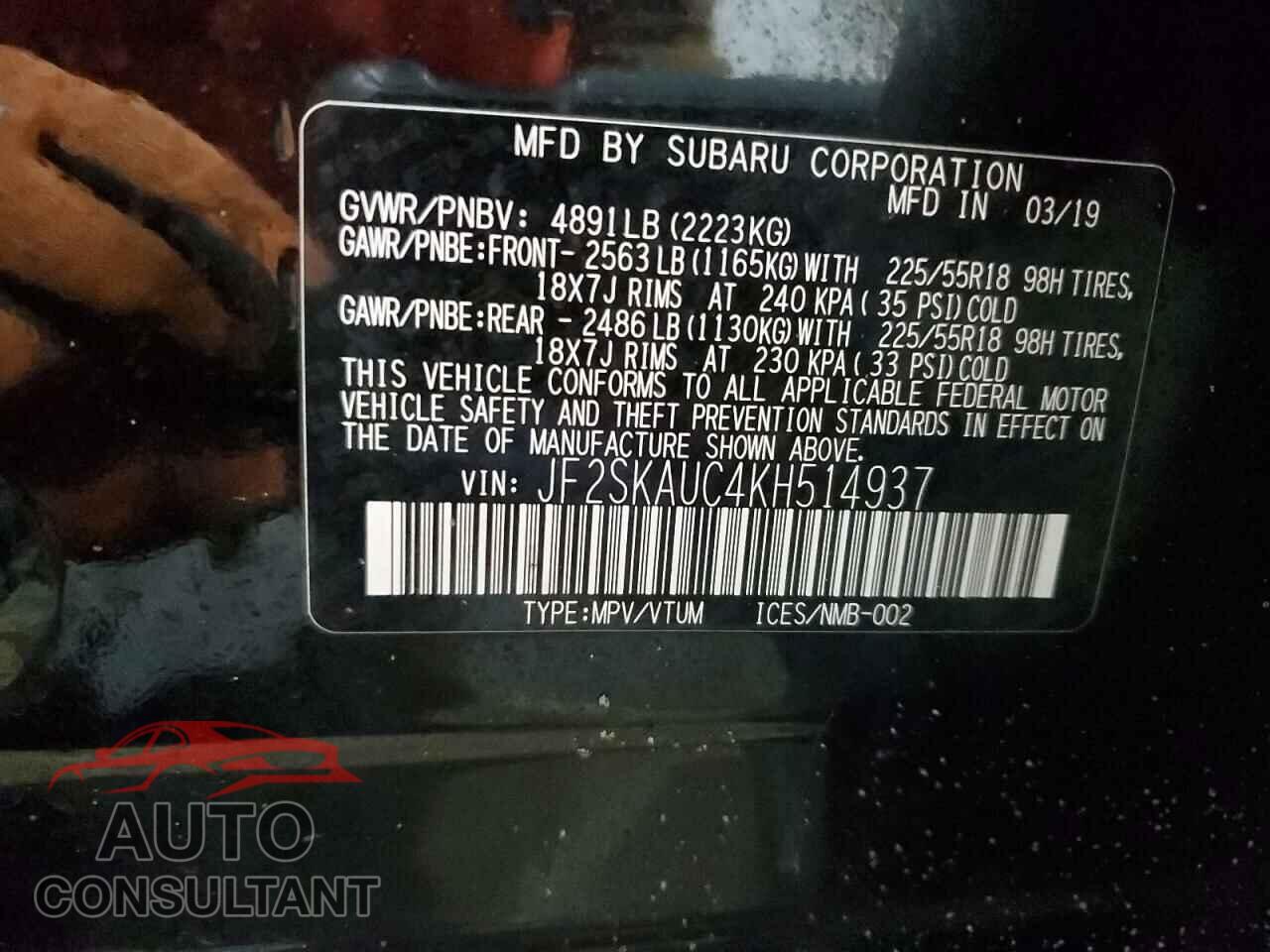 SUBARU FORESTER 2019 - JF2SKAUC4KH514937