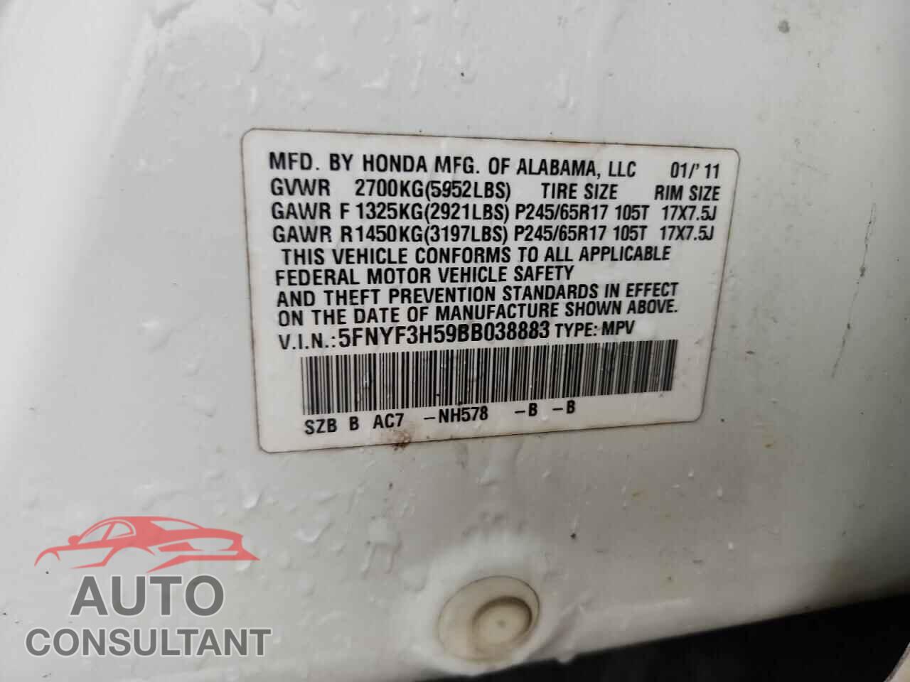 HONDA PILOT 2011 - 5FNYF3H59BB038883