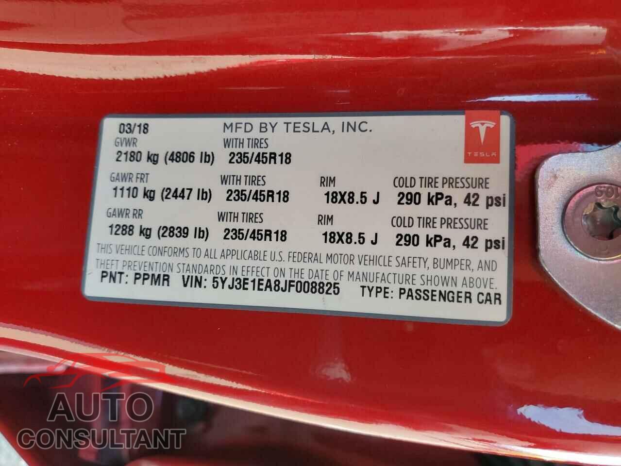 TESLA MODEL 3 2018 - 5YJ3E1EA8JF008825