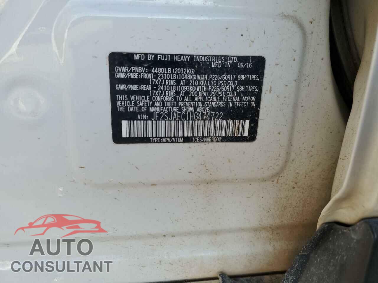 SUBARU FORESTER 2017 - JF2SJAEC1HG474722