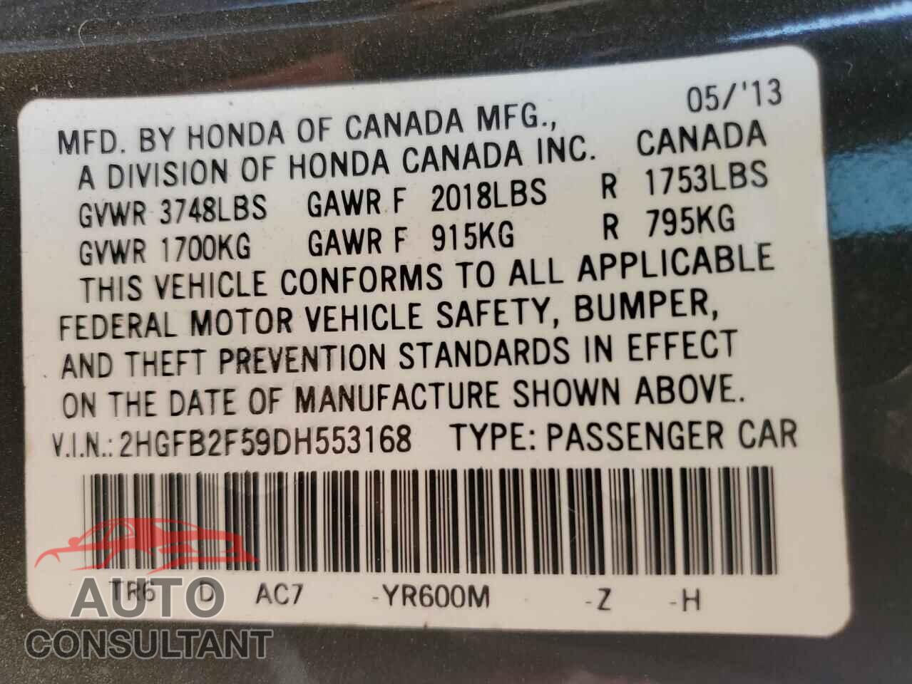 HONDA CIVIC 2013 - 2HGFB2F59DH553168