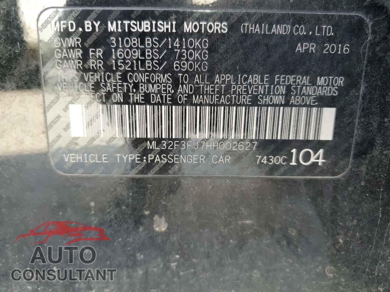 MITSUBISHI MIRAGE 2017 - ML32F3FJ7HH002627