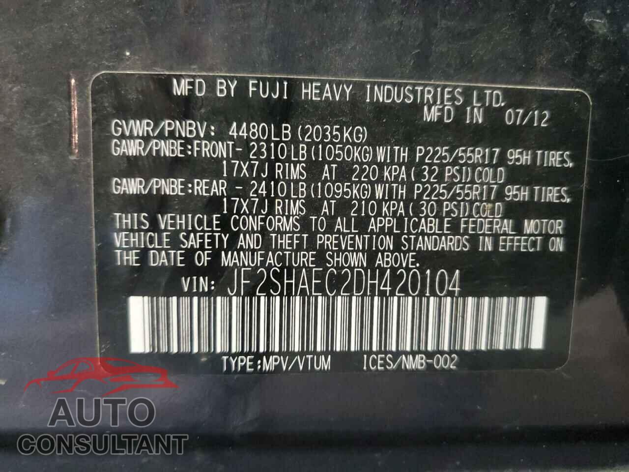 SUBARU FORESTER 2013 - JF2SHAEC2DH420104