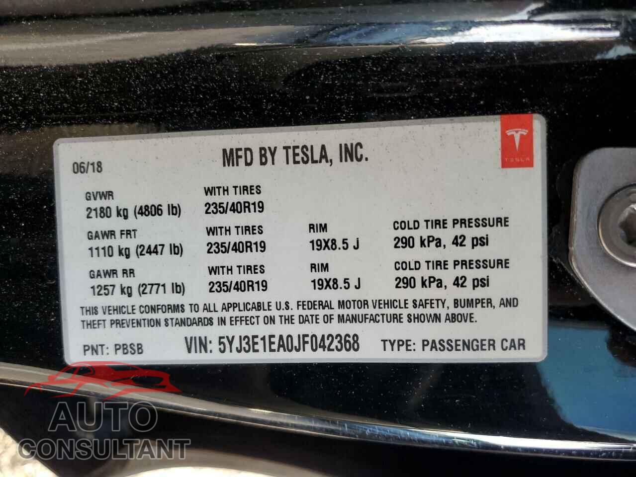 TESLA MODEL 3 2018 - 5YJ3E1EA0JF042368