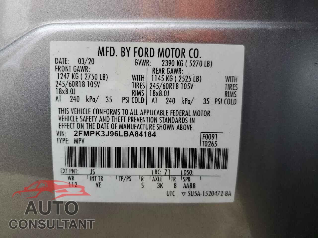 FORD EDGE 2020 - 2FMPK3J96LBA84184