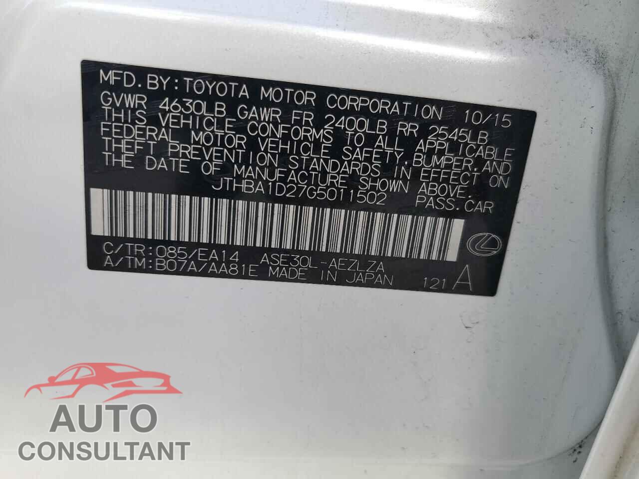LEXUS IS 2016 - JTHBA1D27G5011502