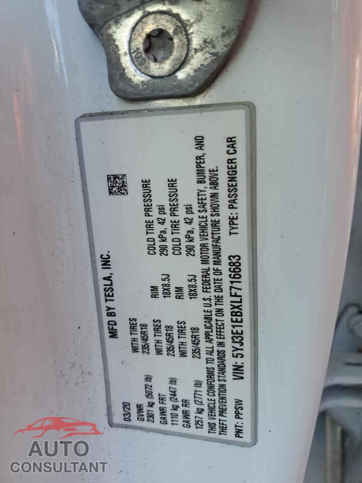 TESLA MODEL 3 2020 - 5YJ3E1EBXLF716683
