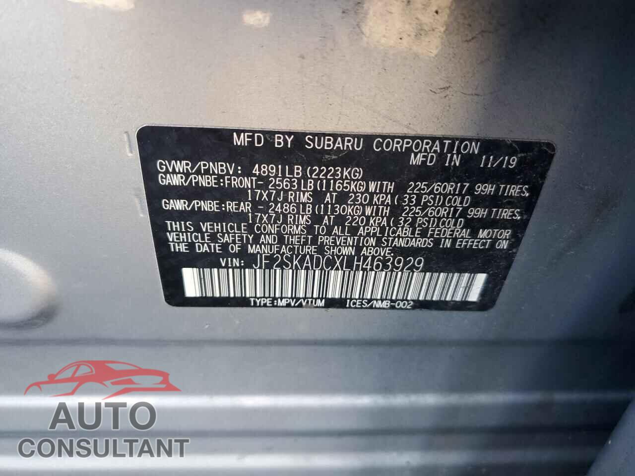 SUBARU FORESTER 2020 - JF2SKADCXLH463929
