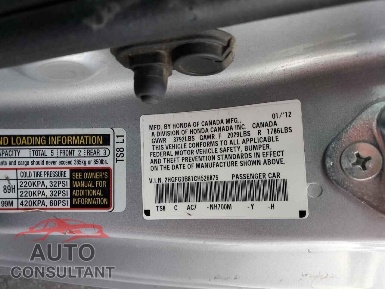 HONDA CIVIC 2012 - 2HGFG3B81CH526875