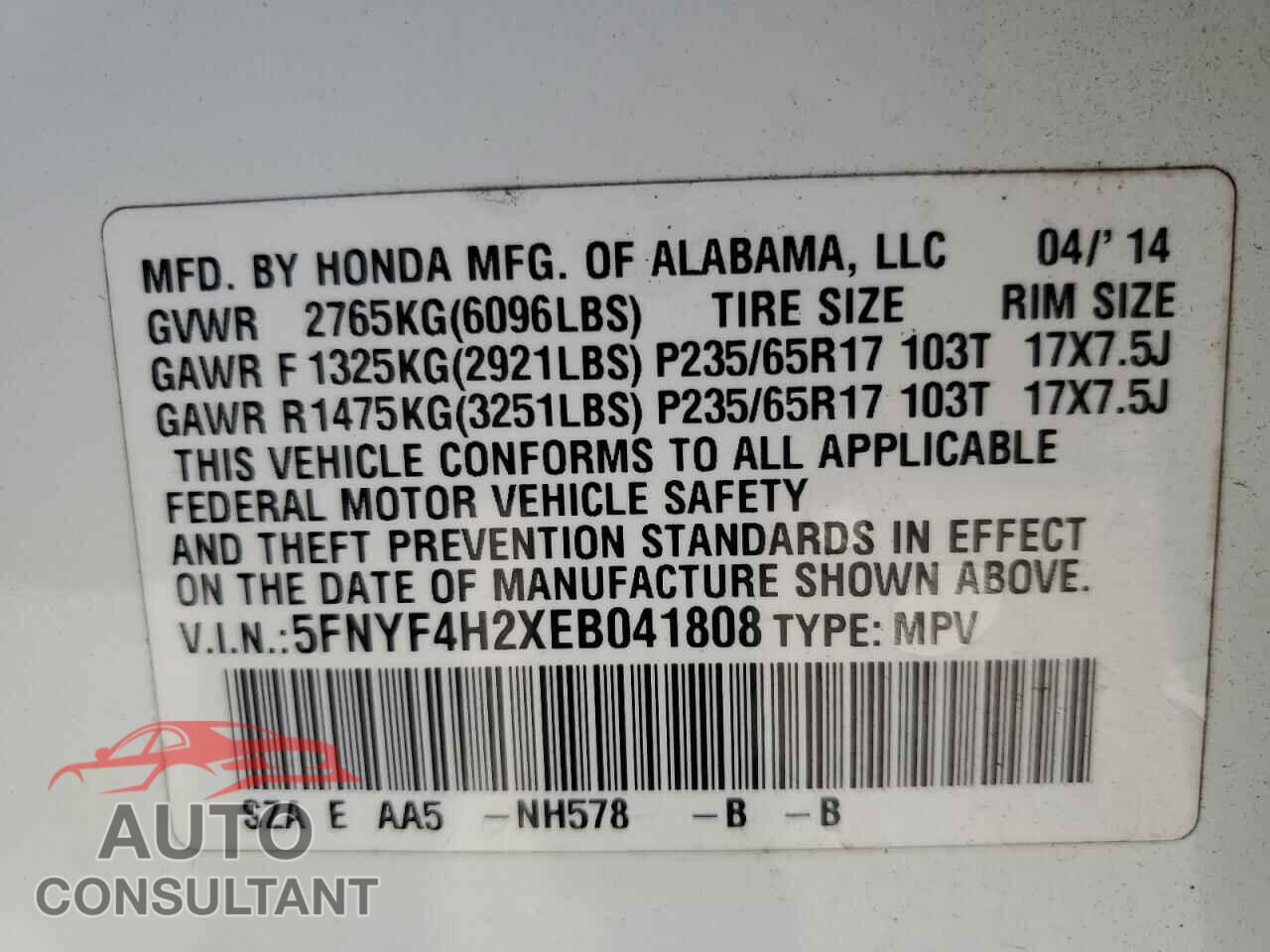 HONDA PILOT 2014 - 5FNYF4H2XEB041808